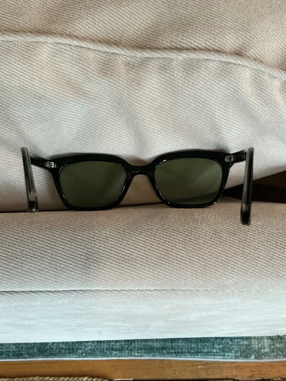 Classic Black Rectangle Sunglasses with Green Lenses by blue elephant